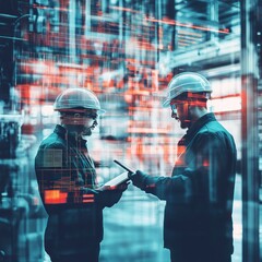 A double exposure image of two engineers in hard hats using a tablet to manage and visualize big data within a modern factory setting.