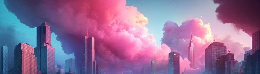 Poster - Cityscape with Pink and Blue Clouds at Dusk