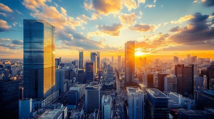 Wall Mural - The city is alive with activity as the sun sets, casting a warm glow on towering skyscrapers and busy streets filled with pedestrians