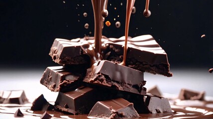 Wall Mural - Melted dark chocolate pouring over pieces of chocolate on a white background.