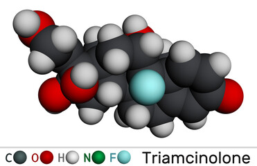 Sticker - Triamcinolone glucocorticoid molecule. It is used to treat a wide variety of inflammatory conditions. Molecular model. 3D rendering