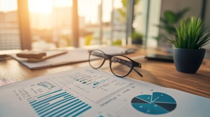 Detailed view of a financial report with complex graphs, charts, and numbers on a modern office desk