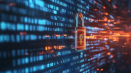 futuristic digital key unlocking a padlock on a virtual screen, representing cybersecurity and data protection, with a blurred background of binary code