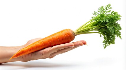 Fresh orange carrot isolated on a pure white background, gently held by an invisible hand, showcasing its vibrant color and crisp texture in high contrast.