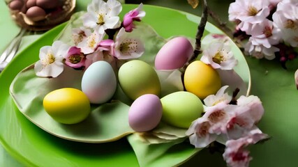 Wall Mural -  Easter delight  A basket of colorful eggs and blossoms