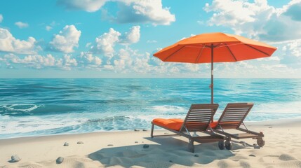 Image of beach chairs with umbrellas for relaxing On summer vacation on the beach by the sea Warm summer day on holiday Vector illustration