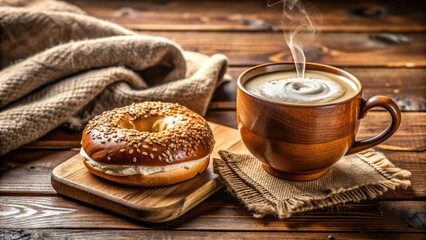 Freshly brewed coffee and a toasted bagel with cream cheese sit invitingly on a rustic wooden table, surrounded by a warm and cozy atmosphere.