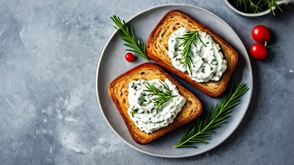 Sticker -  Deliciously simple  Toast with cream cheese and a sprinkle of fresh herbs