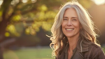 Poster - A smiling woman with long gray hair in a natural outdoor setting, exuding warmth and confidence.