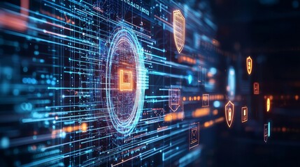 A digital interface displaying hacker security breaches, with creative strategies employed to protect against cyber threats visualized as glowing shields