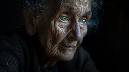 Poster - A close-up portrait of an elderly woman with deep wrinkles and expressive eyes, conveying wisdom and experience.