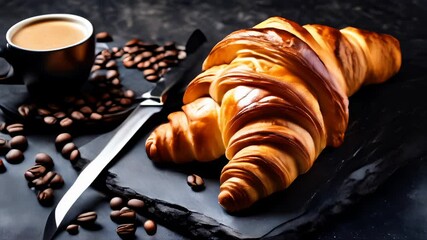 Wall Mural -  Deliciously flaky croissant freshly brewed coffee and rich chocolate beansa perfect morning indulgence