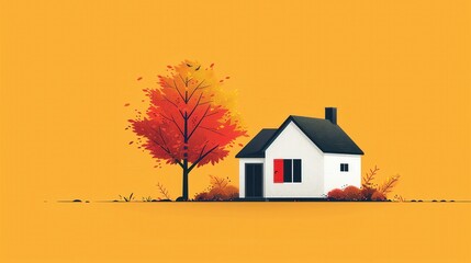 Illustration of first home with happy couple and house, life insurance icon on the side, solid soft blue background, ample copy space, modern and joyful design