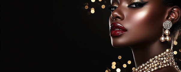 Wall Mural - Beautiful black woman poses, showcasing her flawless makeup and elegant jewelry