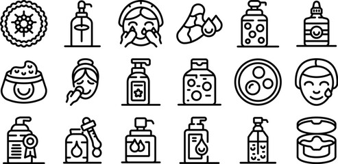 Sticker - Hydrophilic oil icons set. Beautician applying face cream and other cosmetic products line icons set for apps and websites