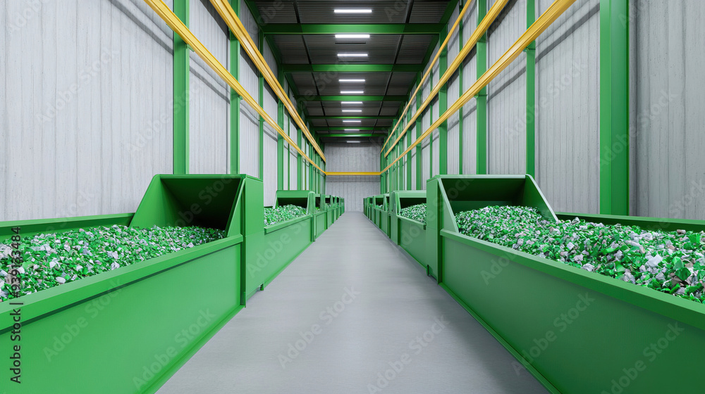 Interior view of a modern recycling plant with large green containers ...