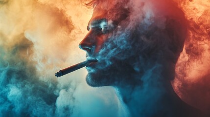 Young man smoking cigar surrounded by colorful smoke