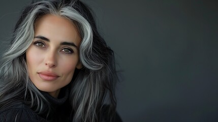 Wall Mural - A close-up portrait of a woman with striking gray hair and expressive eyes against a muted background.