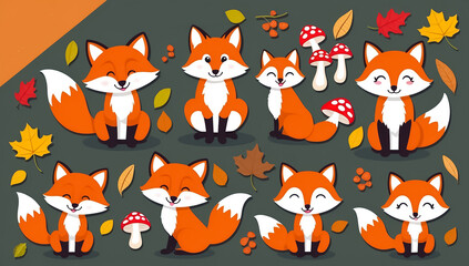 Wall Mural - sticker set, different cute fox