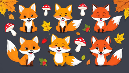 Wall Mural - sticker set, different cute fox