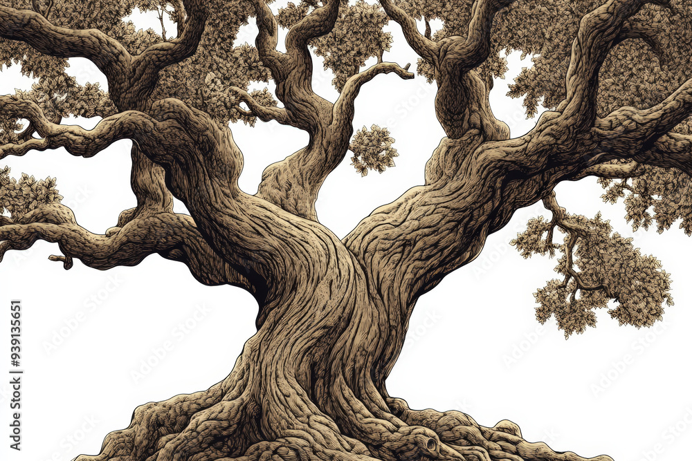Illustration of a majestic oak tree with intricate details, showcasing ...