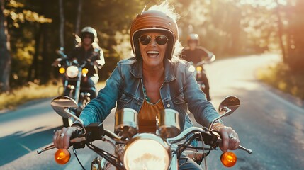 Canvas Print - A joyful woman riding a motorcycle with friends on a sunny road, showcasing adventure and freedom.