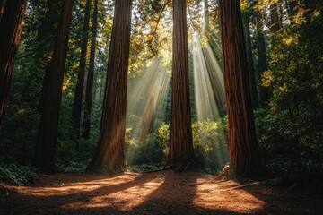 Sunlight filters through towering redwood trees, illuminating a serene forest scene with lush foliage and earthy ground.