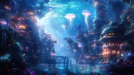 Wall Mural - Underwater City Illuminated by Bioluminescent Jellyfish