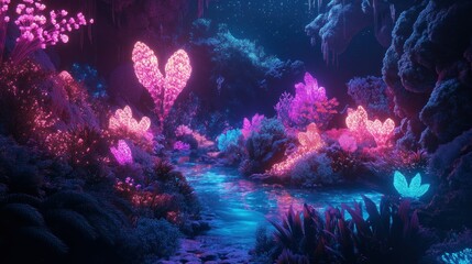 Poster - Glowing Pink and Blue Forest with a Stream Under a Starry Night Sky