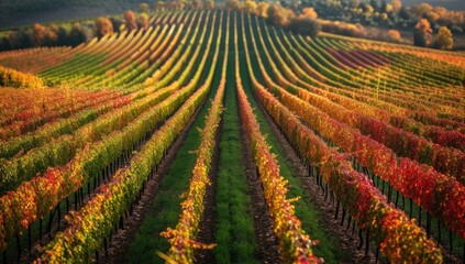 Aerial View of Autumn Vineyard with Colorful Grapevines