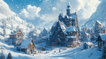 Canvas Print - A Snow-Covered Medieval Village Nestled in the Mountains