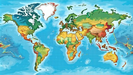  Highly detailed and colorful world map vector illustration featuring precise country borders, cities, rivers, and mountains, perfect for educational or business applications.