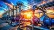 © Sirinporn - Illuminated industrial water pump station at sunset, featuring metallic pipes, valves, and machinery, set against a bright blue sky with subtle vector textures.