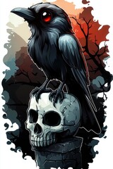 Poster - Raven Perched on Skull with Red Eyes