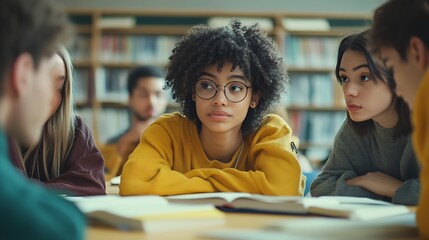 Collaboration and brainstroming concept Portrait of interracial friends gathering together sitting at table in classroom surrounded with books having debates expressing their opinions  : Generative AI