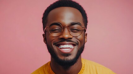 Wall Mural - Waist up portrait of glad dark skinned handsome male model with happy expression wears round spectacles being in good mood as recieve bonus for diligent work isolated over pink backgro : Generative AI