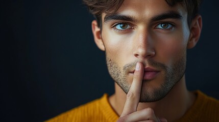 Wall Mural - Serious good looking male with trendy hairdo keeps fore finger on lips tries to keep conspiracy looks aside says Shh make silence please Isolated shot of attractive man shows silence s : Generative AI