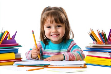 a cheerful child sits at a desk, pencil in hand, immersed in a world of colorful textbooks and scatt