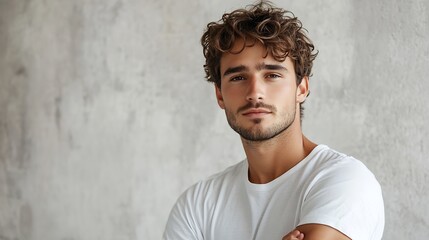 Wall Mural - Unshaven confident serious young male enterpreneur with attractive appearance dressed casually as spends weekends at home isolated over white concrete background Stylish handsome guy i : Generative AI