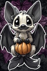 Canvas Print - Cute Cartoon Bat Holding a Pumpkin