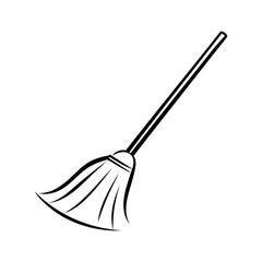 Black silhouette lineart style cleaner broom brush icon and vector illustration