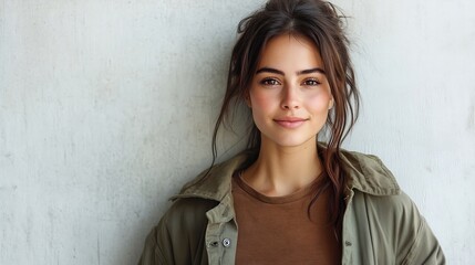 Wall Mural - Pleased pretty woman with dyed hair dark eyes and healthy skin dressed in brown Tshirt green jacket holding hands in pockets smiling while posing against white concrete wall People and : Generative AI