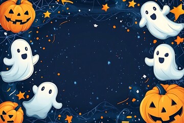 Halloween style wallpaper, dark blue background with silver decoration and large blank space in the center for text, Halloween patterns such as ghosts and pumpkins on both sides of the frame, 