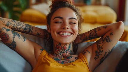 People youth leisure and lifestyle concept Fashionable tattooed young Caucasian young female student wearing stylish clothing laughing happily having rest at home after lectures at col : Generative AI