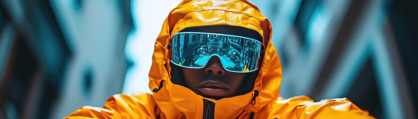 A person wearing a bright neon windbreaker, reflective sunglasses, and techwear pants, illustrating the futuristic and experimental side of street style