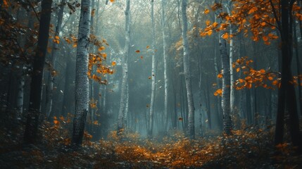 Poster - A Misty Autumn Forest with Falling Leaves and Tall Trees