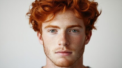 Wall Mural - Headshot of red haired serious young male blogger looks confidently at camera thinks about new content of his web page dressed casually earns money distantly isolated over white backgr : Generative AI