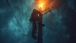 © Dmitry - A dedicated lineman ascends a utility pole illuminated by flames, navigating the challenges of high-voltage repairs amidst a stormy, dramatic backdrop