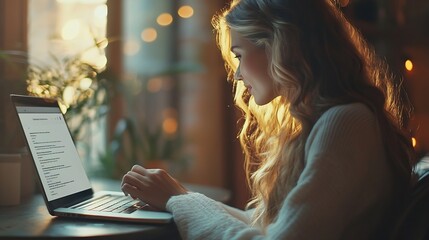 Poster - People lifestyle modern technology and communication concept Young Caucasian female writer keyboarding on laptop while working on her new article for online womens magazine View form b : Generative AI