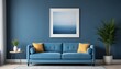 Interior mockup In a white room a blue sofa is placed next to a photo frame on the wall
